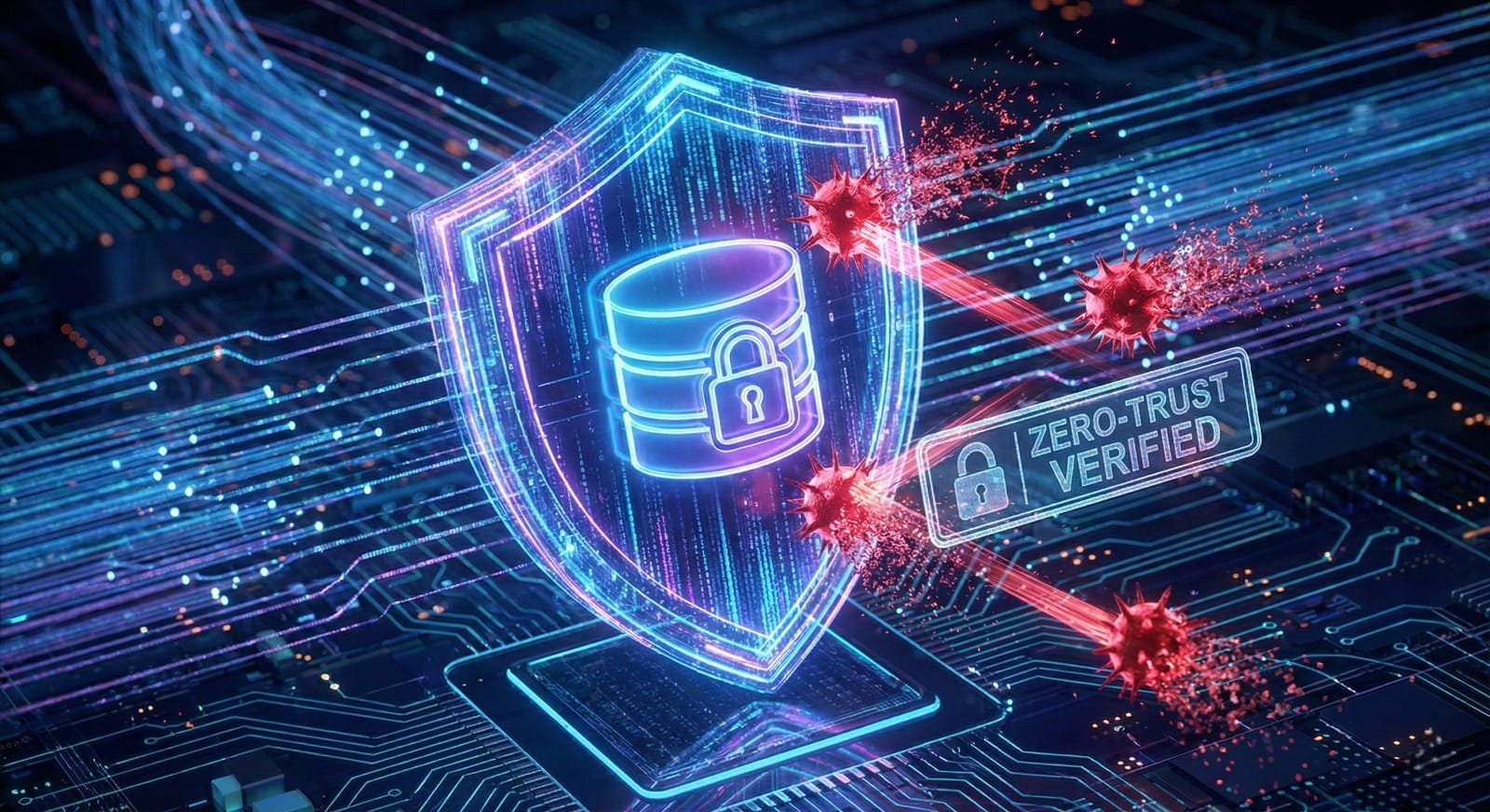 A glowing blue hexagonal shield protecting a database from red malware packets with a Zero-Trust Verified stamp.