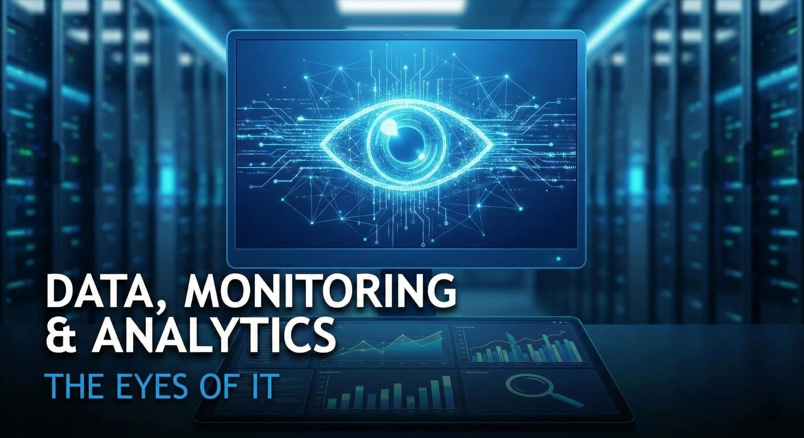 A futuristic digital eye scanning glowing data streams and analytics dashboards, representing IT observability.