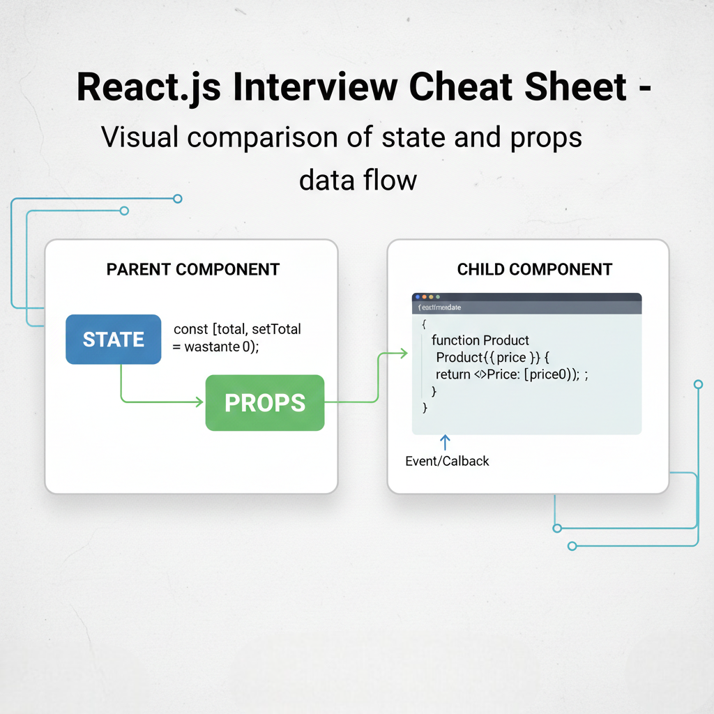 React.js Interview Cheat Sheet - Visual comparison of state and props data flow in parent and child component