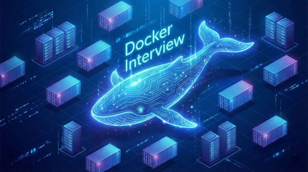 Futuristic Docker whale and shipping containers representing DevOps interview questions and answers.