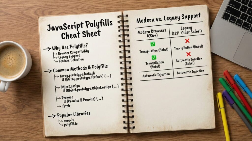 A comprehensive JavaScript Polyfills cheat sheet diagram displayed on a workspace desk, detailing code implementations for Array.map, Array.filter, Function.bind, and Promises for legacy browser support and interview preparation.