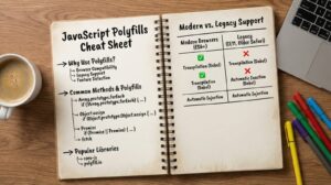 A comprehensive JavaScript Polyfills cheat sheet diagram displayed on a workspace desk, detailing code implementations for Array.map, Array.filter, Function.bind, and Promises for legacy browser support and interview preparation.