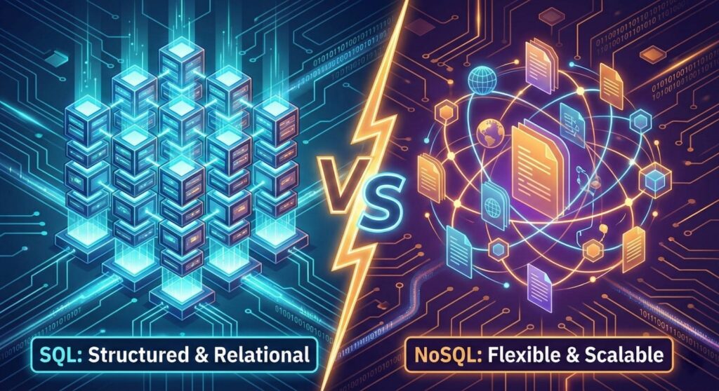 A split-screen digital illustration comparing SQL and NoSQL database architectures. The left side, in blue tones labeled "SQL: Structured & Relational," depicts rigid, stacked data cubes connected by straight lines. The right side, in orange tones labeled "NoSQL: Flexible & Scalable," shows a dynamic, interconnected cloud of documents, globes, and nodes. A central lightning bolt with "VS" separates the two. SQL vs. NoSQL