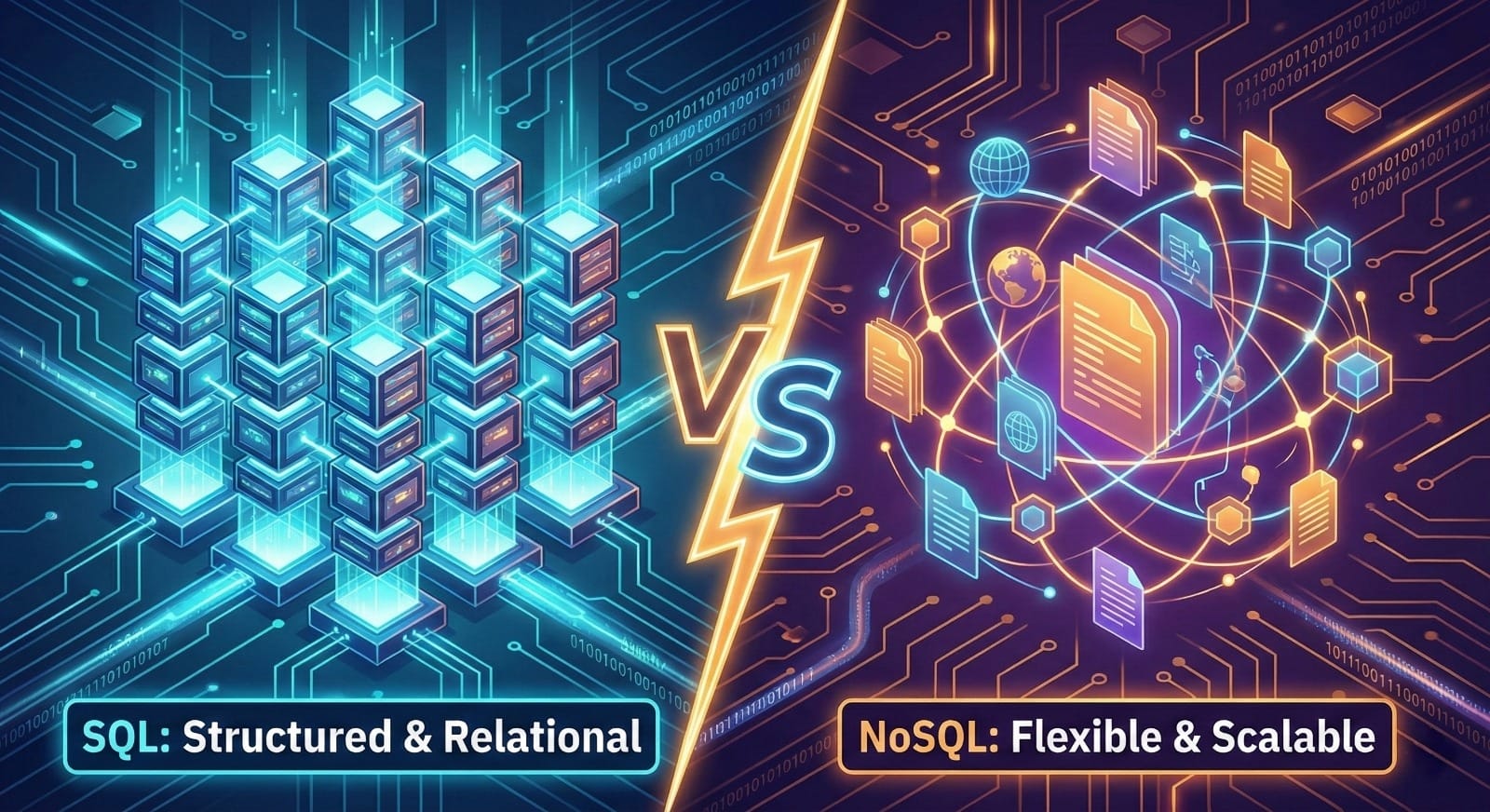 A split-screen digital illustration comparing SQL and NoSQL database architectures. The left side, in blue tones labeled "SQL: Structured & Relational," depicts rigid, stacked data cubes connected by straight lines. The right side, in orange tones labeled "NoSQL: Flexible & Scalable," shows a dynamic, interconnected cloud of documents, globes, and nodes. A central lightning bolt with "VS" separates the two. SQL vs. NoSQL