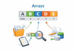 Arrays data structure illustration showing elements A, B, C, D, E arranged in a single row with corresponding index positions below each element.