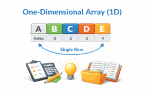 One-Dimensional Array (1D) illustration showing elements A, B, C, D, E arranged in a single horizontal row with index numbers representing positions of each element.