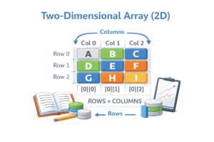 Two-Dimensional Array (2D) illustration showing elements arranged in rows and columns grid format with row and column index positions representing matrix-style data storage.