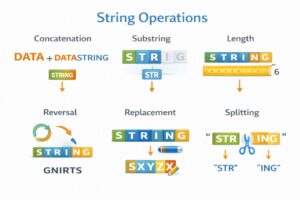 String operations infographic showing concatenation, substring extraction, length calculation, string reversal, character replacement, and string splitting with visual examples.
