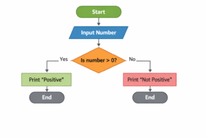 A simple flowchart showing the process to check if a number is positive. It starts with “Start,” then “Input Number,” followed by a decision diamond asking “Is number > 0?”. If Yes, it prints “Positive” and ends. If No, it prints “Not Positive” and ends.