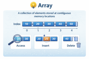 Educational diagram illustrating the Array data structure. It shows elements (10, 20, 30, 40, 50) stored in contiguous memory locations with index positions labeled 0 to 4. The image highlights basic array operations including Access (magnifying glass on element 20), Insert (adding 25 between 20 and 30), and Delete (removing 40).