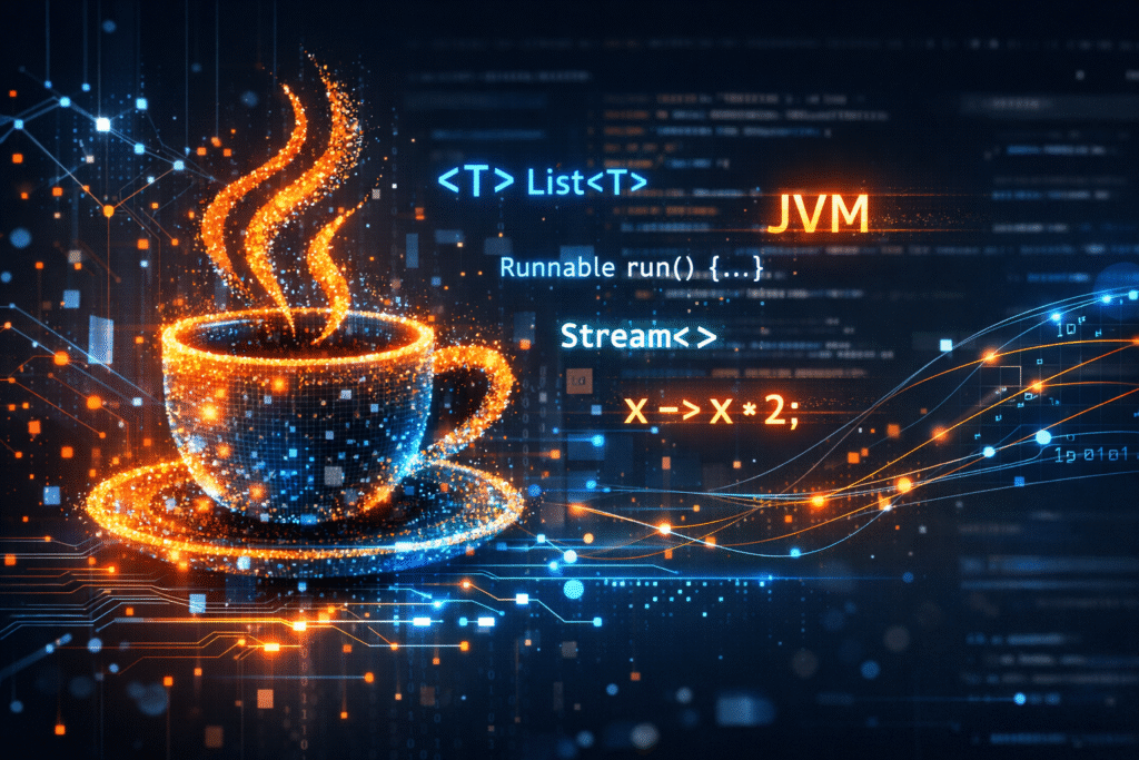 An infographic-style digital illustration titled "Advanced Java Concepts" in the top left. The central element is a glowing blue and orange particle-and-wireframe digital coffee cup, symbolizing Java. Glowing text labels surround the cup and highlight key advanced features: , MULTI-THREADING, JVM ARCHITECTURE, STREAMS API, and LAMBDA EXPRESSIONS. The background shows complex network lines, nodes, and blurred lines of Java code in a dark programming environment, creating a futuristic tech feel.