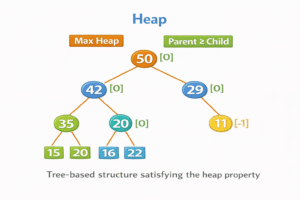 Heap data structure illustration showing a complete binary tree where parent nodes follow heap property (either max heap or min heap) with hierarchical node arrangement