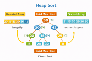 Heap Sort algorithm illustration showing stages of sorting including unsorted array, building max heap using heapify, and extracting elements to form sorted array.