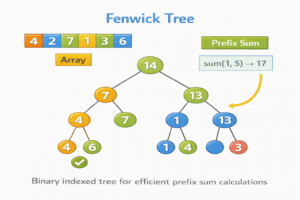 Fenwick Tree (Binary Indexed Tree) illustration showing an array mapped into tree structure used to calculate prefix sums efficiently with hierarchical node representation.