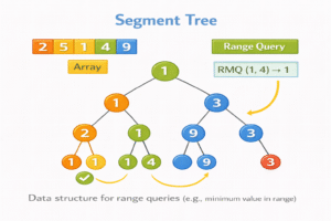 Segment Tree data structure illustration showing an array converted into a binary tree where each node stores range query results such as minimum or sum for a segment.