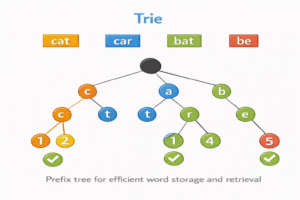Trie data structure illustration showing words stored in a tree-like prefix structure where each node represents a character and complete words end at marked nodes.