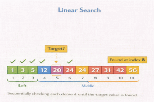 Linear Search illustration showing sequential checking of each element in an array until the target value is found, with progress indicators across elements.