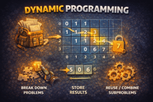 Illustration of Dynamic Programming showing a grid or table storing intermediate results to solve complex problems by reusing previously computed subproblems.