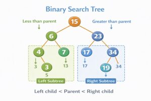 Binary Search Tree (BST) illustration showing nodes arranged in hierarchical order where left child values are less than the parent and right child values are greater than the parent, with labeled left and right subtrees.