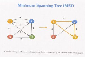 Minimum Spanning Tree (MST) illustration showing a weighted graph and the selected minimum weight edges connecting all vertices without cycles.