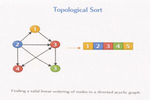 Topological Sort illustration showing a directed acyclic graph (DAG) and a linear ordering of vertices where each node appears before its dependent nodes.