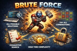 Simple illustration of Brute Force approach showing a robotic hammer smashing locks, representing trying all possible combinations to find the correct solution.