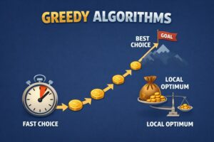 Simple illustration of Greedy Algorithms showing coins forming a path from a fast choice stopwatch to a goal flag on a mountain, representing step-by-step local optimal decisions.
