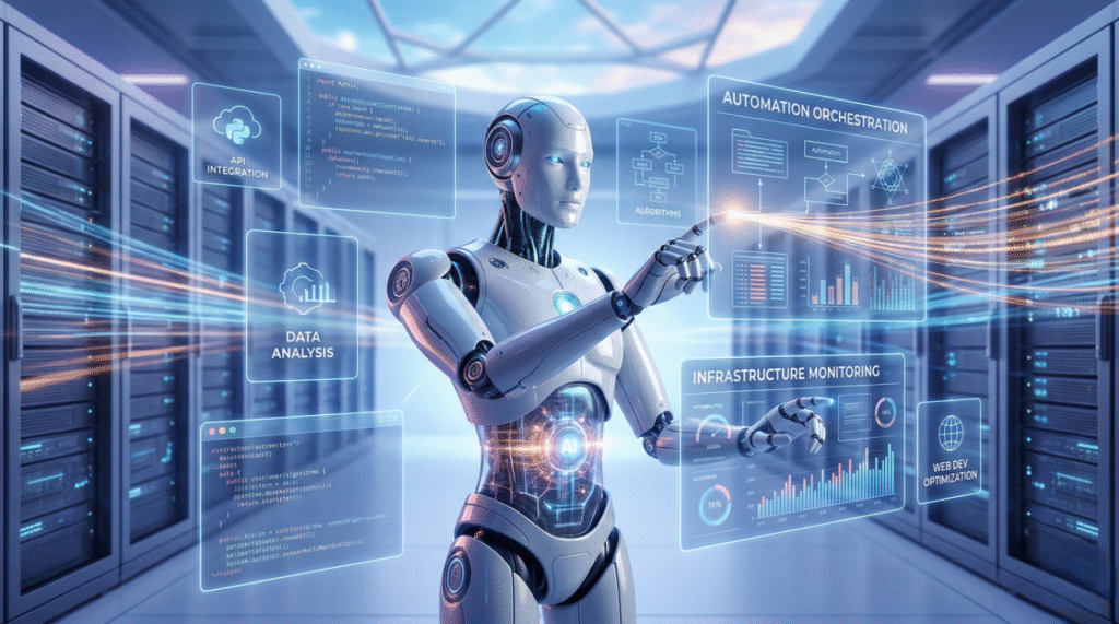 Agentic AI with Claude managing cloud servers and data on holographic screens.