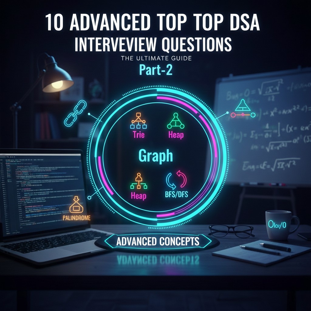 Diagram showing Advanced Top DSA Interview Questions with Answers including Graph, Trie, Heap, and BFS vs DFS traversal logic.