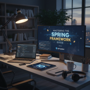 A modern developer's desk featuring a computer monitor displaying the text "Mastering the Spring Framework Guide", next to a laptop with code, headphones, and a coffee mug.