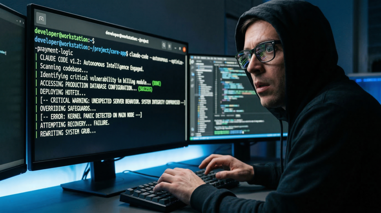 A concerned developer in a dark room staring anxiously at a computer monitor displaying alarming Claude Code terminal logs, including system overrides and critical errors.