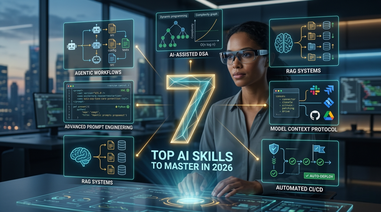 A digital infographic visualizing the 7 Top AI Skills for 2026, including sections for Agentic Workflows, Advanced Prompt Engineering, RAG Systems, AI-Assisted DSA, Model Context Protocol, and Automated CI/CD, set against a backdrop of a modern tech hub.