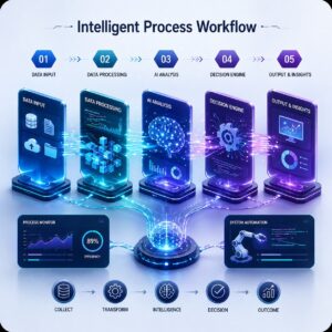 Modern AI workflow illustration showing a step-by-step intelligent processing pipeline with connected data flow stages, automation systems, neural processing interfaces, and futuristic analytics dashboards.