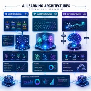 Futuristic educational infographic visualizing supervised, unsupervised, and reinforcement learning through neural networks, data clusters, predictive models, reward systems, and glowing AI interfaces.