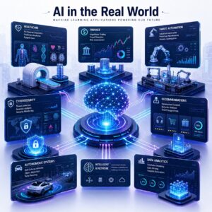 Advanced machine learning ecosystem illustration showing AI applications in healthcare, finance, cybersecurity, automation, autonomous systems, and predictive analytics connected through intelligent digital networks.