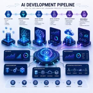 Futuristic machine learning lifecycle illustration displaying stages from data collection and preprocessing to model training, deployment, monitoring, and AI automation through connected workflow systems.