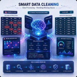 Futuristic AI-powered data cleaning illustration showing incomplete datasets with missing values being detected, analyzed, and transformed into clean structured data through intelligent preprocessing workflows and analytics dashboards.