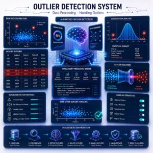 Futuristic anomaly detection dashboard showing abnormal data points highlighted and isolated from normal datasets using AI-driven statistical analysis, scatter plots, bell curves, and intelligent preprocessing workflows.