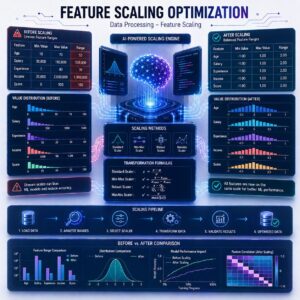 Modern machine learning preprocessing illustration showing uneven feature values transformed into normalized and standardized data ranges through AI-powered scaling systems, analytics dashboards, and intelligent transformation pipelines.