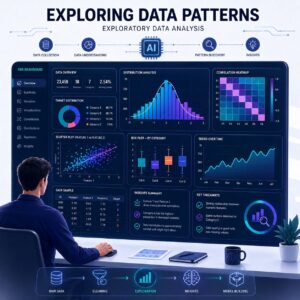 Modern exploratory data analysis dashboard featuring scatter plots, histograms, heatmaps, trend graphs, and analytics panels used to discover patterns, correlations, and insights in datasets before machine learning modeling.