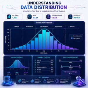 Clean educational analytics illustration showing a histogram and bell curve visualization explaining data spread, frequency distribution, statistical measures, and grouped data ranges in a modern dashboard interface.