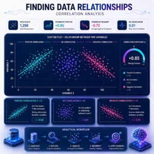 Futuristic correlation analysis dashboard displaying scatter plots with positive, negative, and no correlation trend lines to visualize relationships between variables using clean data analytics visuals.