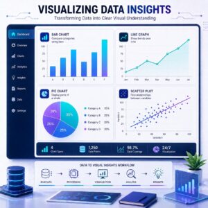 Modern analytics workspace featuring bar charts, line graphs, pie charts, and scatter plots transforming raw data into visual insights through clean dashboards and professional data visualization panels.