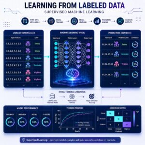 Modern supervised machine learning illustration showing labeled datasets flowing through an AI model to generate predictions, with neural network visuals, prediction outputs, and clean educational workflow diagrams.