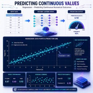 Clean machine learning regression dashboard featuring scatter plots with a regression trend line, continuous value prediction graphs, and AI-powered forecasting visuals for understanding numerical predictions.