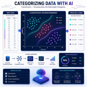 Modern AI classification illustration showing data points separated into multiple categories using colorful decision boundaries, machine learning workflows, and predictive class output visualizations.