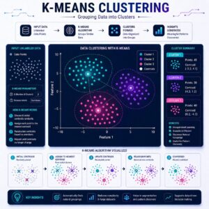Clean K-Means clustering visualization featuring scattered data points grouped into colorful clusters around highlighted centroid points, demonstrating how similar data is organized into meaningful groups.