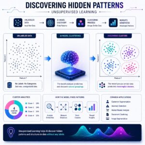 Modern unsupervised machine learning illustration showing unlabeled data automatically grouped into meaningful clusters through AI-driven pattern discovery, clustering visuals, and clean analytics workflows.