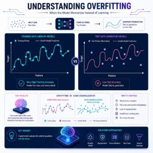 Modern machine learning illustration comparing overfitting behavior where a complex prediction curve perfectly matches training data but fails on unseen test data, demonstrating memorization instead of true learning.