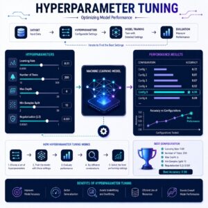 Futuristic machine learning optimization dashboard featuring adjustable hyperparameter controls, AI model configuration panels, and performance comparison graphs used to improve model accuracy.